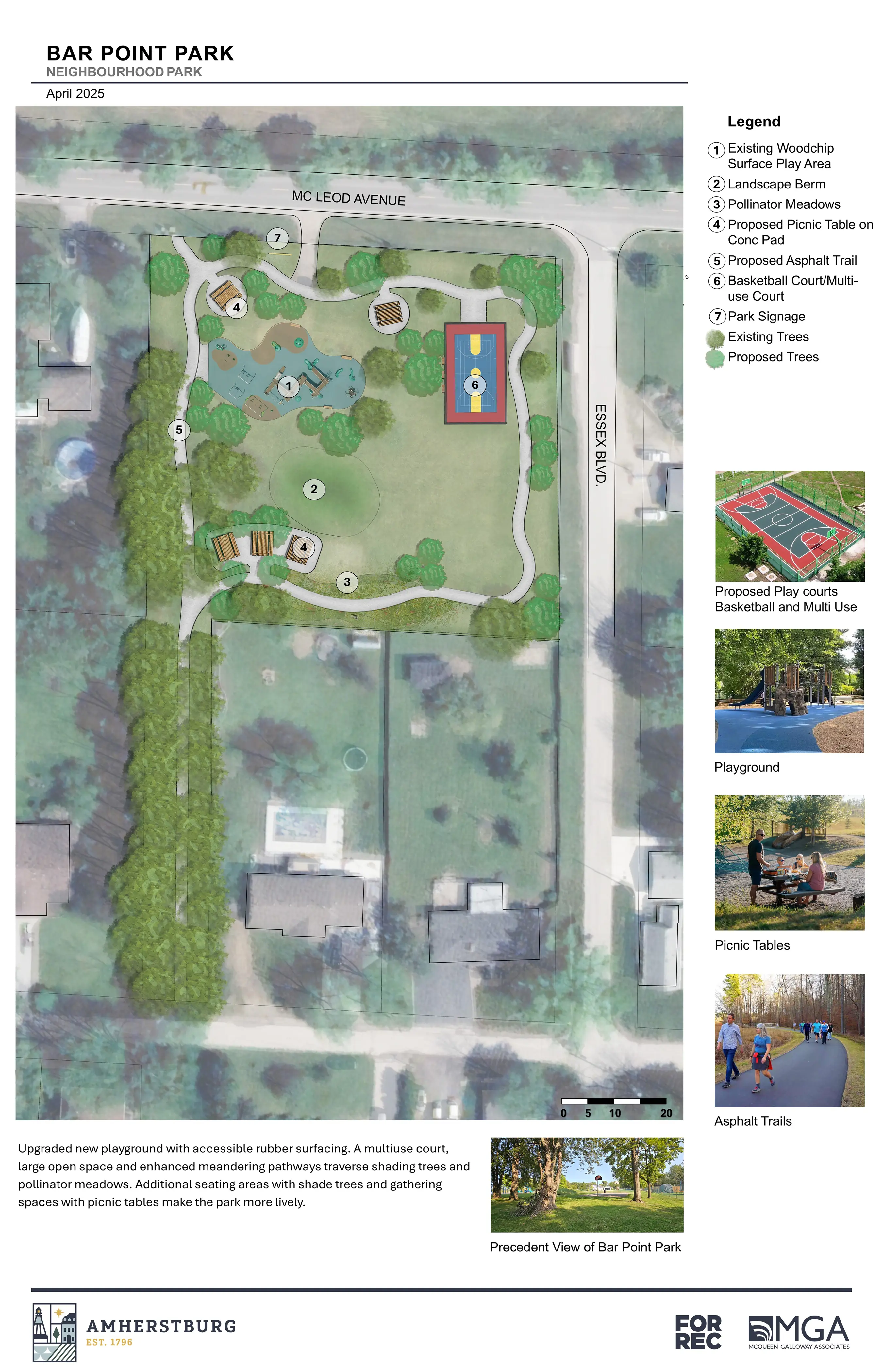 Master plan showing playground, sports court, picnic tables, path and trees.