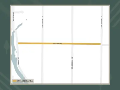 A map indicating construction on South Side Road, between Creek Road and Concession 6 South