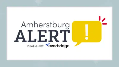 A creative logo for Amherstburg Alert powered by Everbridge showing an image of a conversation bubble in yellow