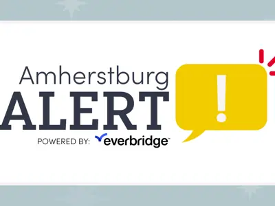 A creative logo for Amherstburg Alert powered by Everbridge showing an image of a conversation bubble in yellow