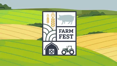 Farm Fest logo with a green field in the background