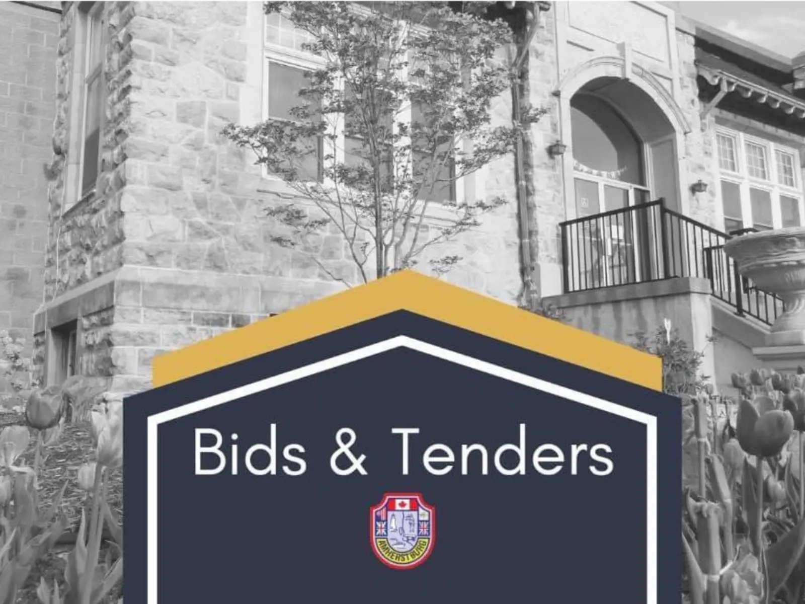 Bids and tenders with the Town of Amherstburg Crest and a photograph of the Amherstburg Library
