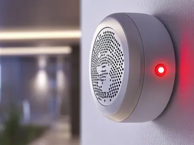 Image of a carbon monoxide alarm located on a wall with a red light indicating an alarm