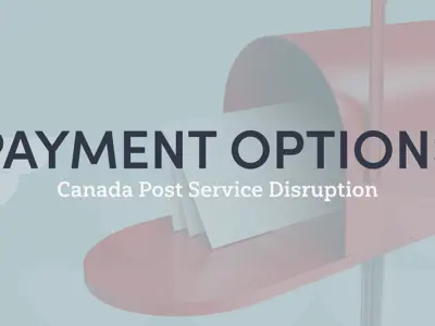 Payment options during the Canada Post Service Disruption with an image of a red mailbox holding letters in the background