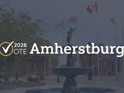 2026 Vote Amherstburg with an image of the Town Square featuring flags, the fountain and clock tower