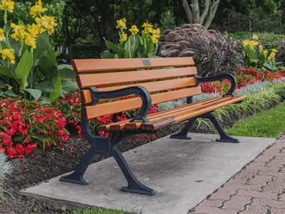 Park bench with flower gardens surrounding in King's Navy Yard Park