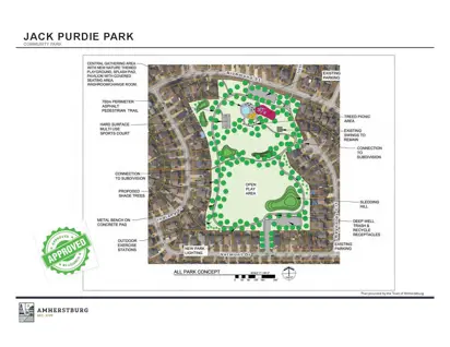 Master plan showing trails, playground, sports court, splashpad, washroom facilities and green space
