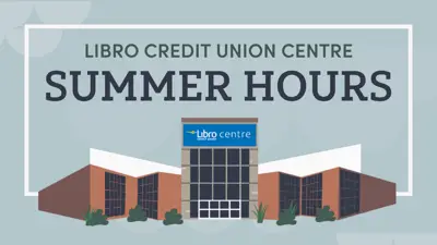 Text Libro Credit Union Centre Summer Hours with a graphic illustration of the facility