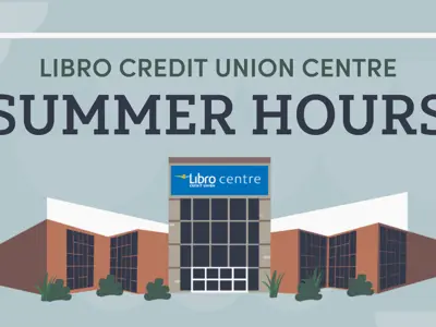 Text Libro Credit Union Centre Summer Hours with a graphic illustration of the facility