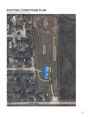 Existing park conditions showing playground, trails and greenspace