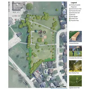 Park Master Plan showing pathways, playground, disc golf course, benches and trees.