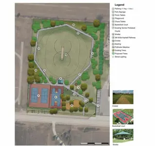 Park Master Plan including cricket pitch, pathway, tennis/sports courts, proposed playground, chess/checkers tables, trees and pollinator gardens.