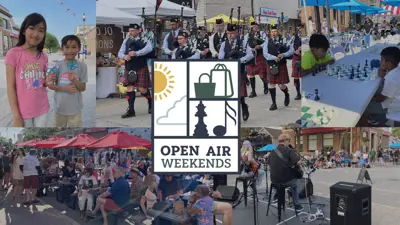 Open Air Weekends featuring musicians playing on stage, people dining, playing chess, doing crafts and bagpipe parade