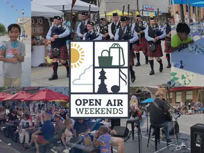 Open Air Weekends featuring musicians playing on stage, people dining, playing chess, doing crafts and bagpipe parade