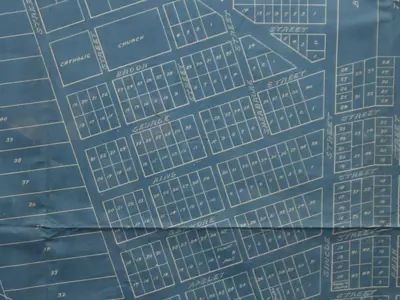 Excerpt of Map of Amherstburg, dated 1857 (Brewster and Coste, courtesy of the Town of Amherstburg), oriented to the east.