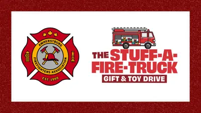 Decorative; Amherstburg Firefighters Association logo with the Stuff-A-Fire-Truck gift and toy drive text and an image of a fire engine