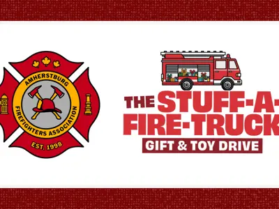Decorative; Amherstburg Firefighters Association logo with the Stuff-A-Fire-Truck gift and toy drive text and an image of a fire engine