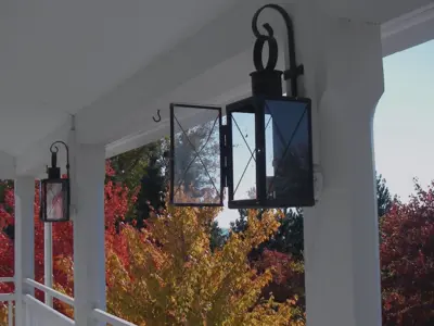 Second floor balcony of the Gordon House overlooking the park
