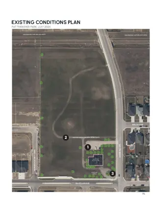 Existing park conditions showing playground, sports court, trail and open space