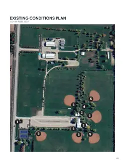 Existing condition showing baseball fields, playground, buildings, museum, sports courts, open areas