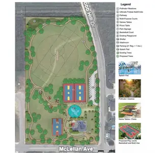 Master Plan showing playground, sports, courts. splashpad, washrooms, ultimate frisbee/cricket pitch and trails