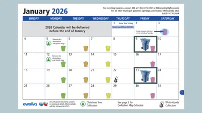 January 2026 collection calendar showing recycling pickup dates on January 9, 2026 and January 23, 2026