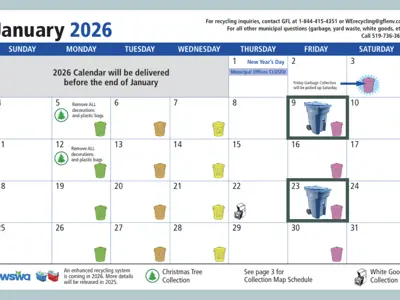 January 2026 collection calendar showing recycling pickup dates on January 9, 2026 and January 23, 2026