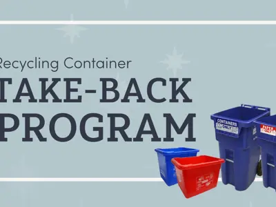 Recycling container take back program with an image of four recycling bins