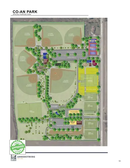 Master plan showing baseball diamonds, sports courts, soccer fields, trails, playground, washrooms and other facilties