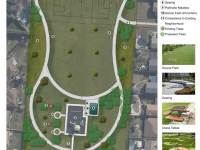 Park Master Plan showing playground, pathways, chess/checker tables and trees.