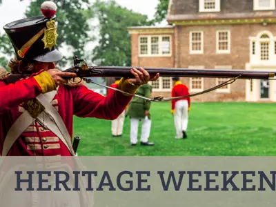 Heritage Weekend with a photo of a soldier shooting a rifle at Fort Malden