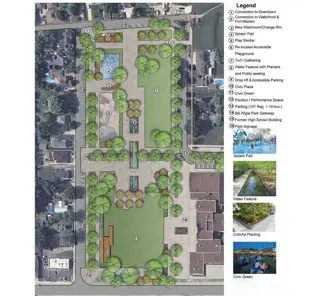 Park Master Plan for Bill Wigle and Austin Toddy Jones parks including pathways, civic esplanade, playground, splashpad, trees and greenspace.