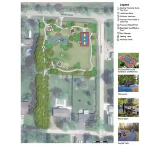 Park Master Plan showing playground, pathway, multi-use court, picnic tables and trees.