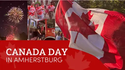 Canada Day in Amherstburg with images of fireworks, a Canada flag, firetruck and participants in the 5 kilometre race