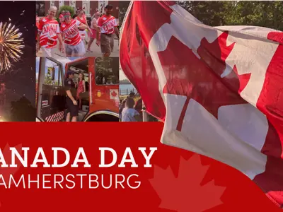 Canada Day in Amherstburg with images of fireworks, a Canada flag, firetruck and participants in the 5 kilometre race