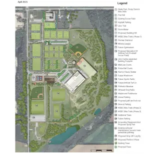 Master Plan showing soccer/baseball and outdoor turf fields, WEBC bike trails, dog parks, recreation complex