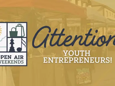 Calling Youth Entrepreneurs with an Open Air Weekends logo featuring a sun, shopping bags and chess