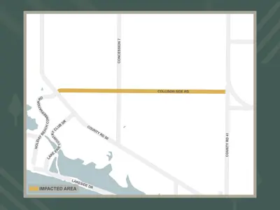 Collison Side Road indicated on a map showing a construction zone between County Road 50 and County Road 41