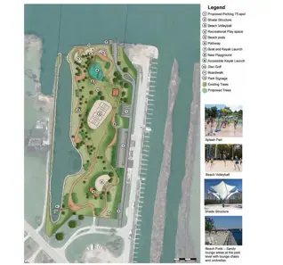 Master plan showing playground, sports courts, boat launch, fishing, trails and naturalized area