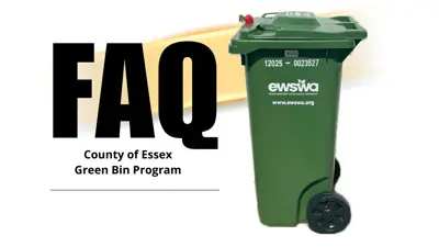 FAQ County of Essex Green Bin Program with an image of the green composting bin