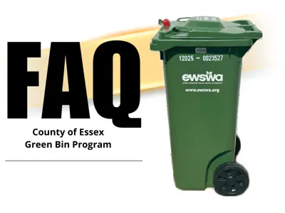 FAQ County of Essex Green Bin Program with an image of the green composting bin