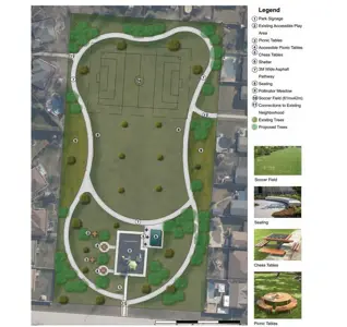 Master Plan showing playground, trails, picnic tables and trees