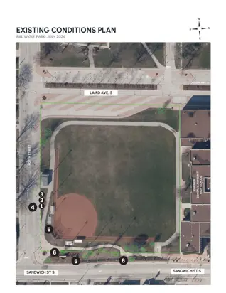 Existing park conditions showing baseball diamond, trail and outbuildings
