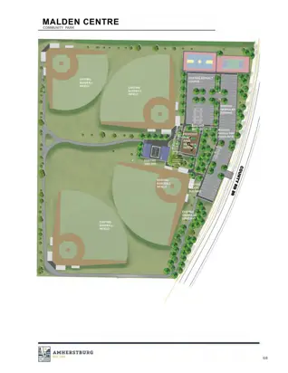 Master plan showing baseball diamond, sports courts, playground, washroom facilities and trails