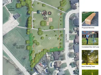 Park master plans showing playground, pathways, disc golf course, benches and trees.