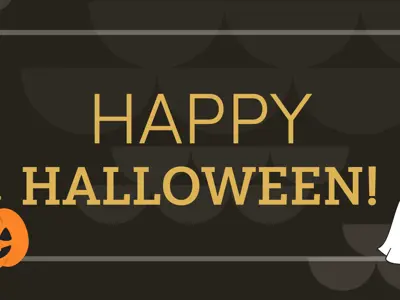 Happy Halloween with a graphic of a jack-o-lantern and a ghost