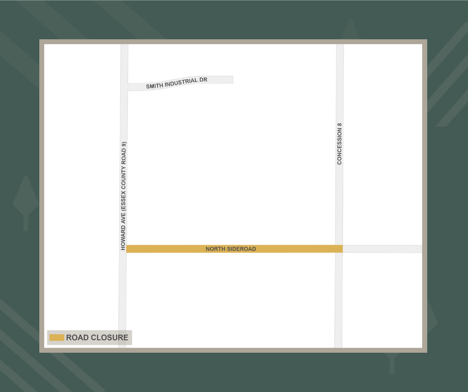 Road closure map indicating in yellow a closure on North Sideroad between Howard Avenue and 8th Concession Road, including the intersection