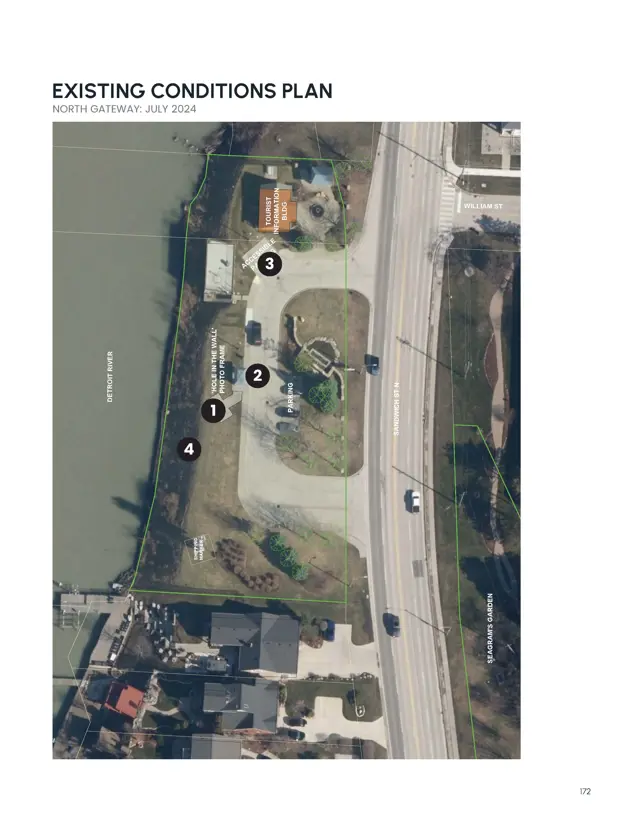 Existing conditions showing waterfront, Hole in the Wall Selfie frame, tourism building and benches