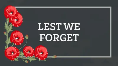 The words Lest We Forget surrounded by red poppies
