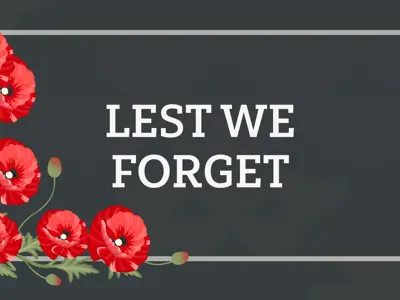 The words Lest We Forget surrounded by red poppies